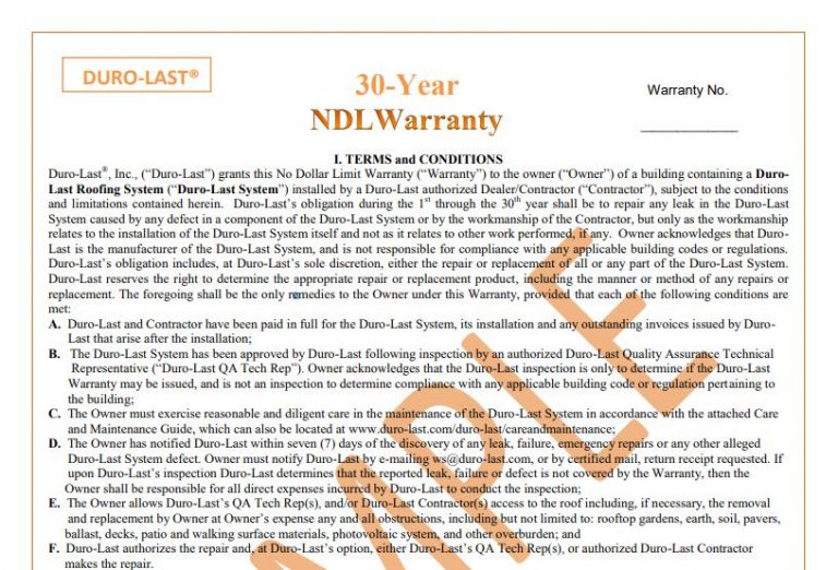 Duro-Last 30 Year Warranty Sample