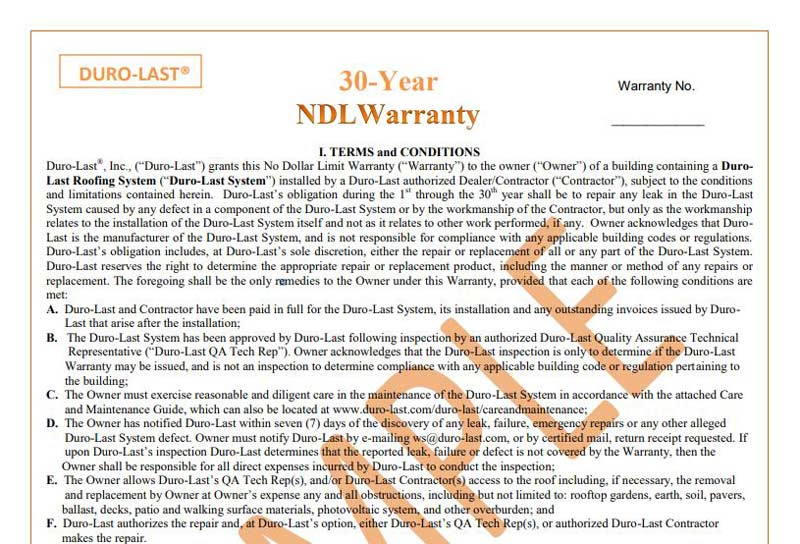 Duro Last 30 Year Roof Warranty Sample