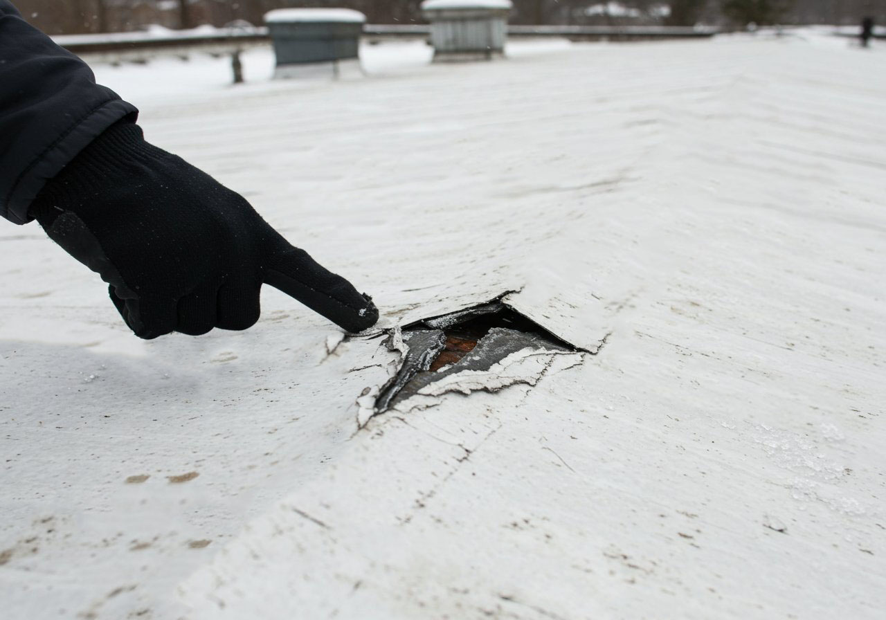 Hole In Low Slope Roof Leading To Roof Leaks During Winter